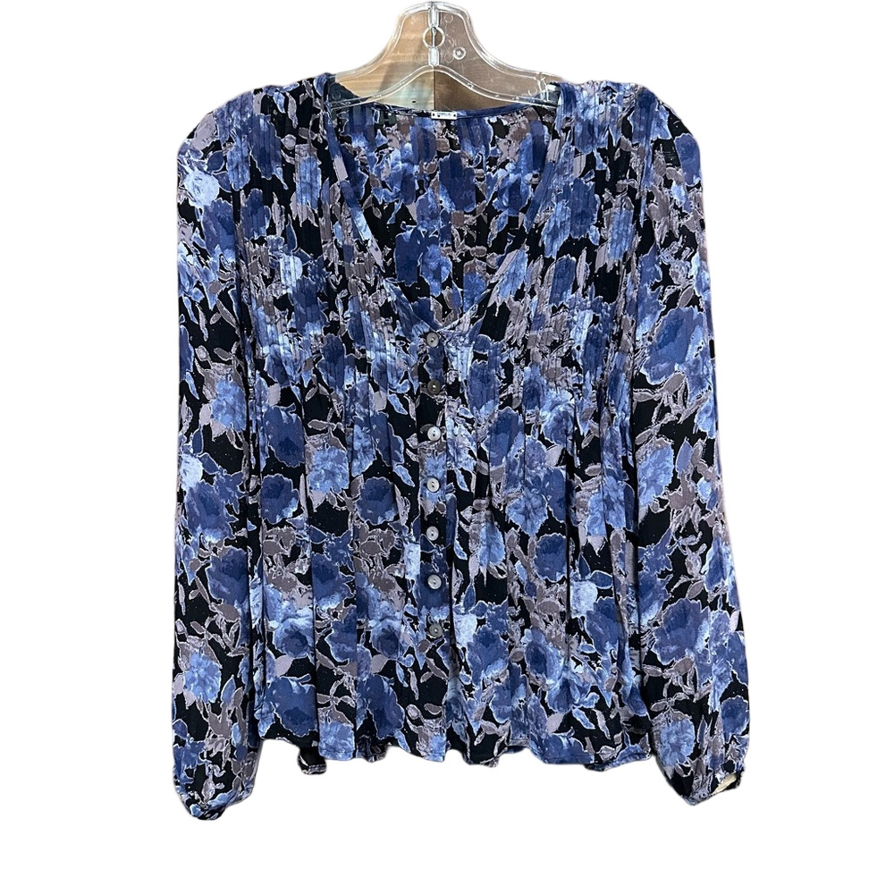 Chan Luu blue floral blouse CS long sleeve pintuck bohemian V-neck long sleeve